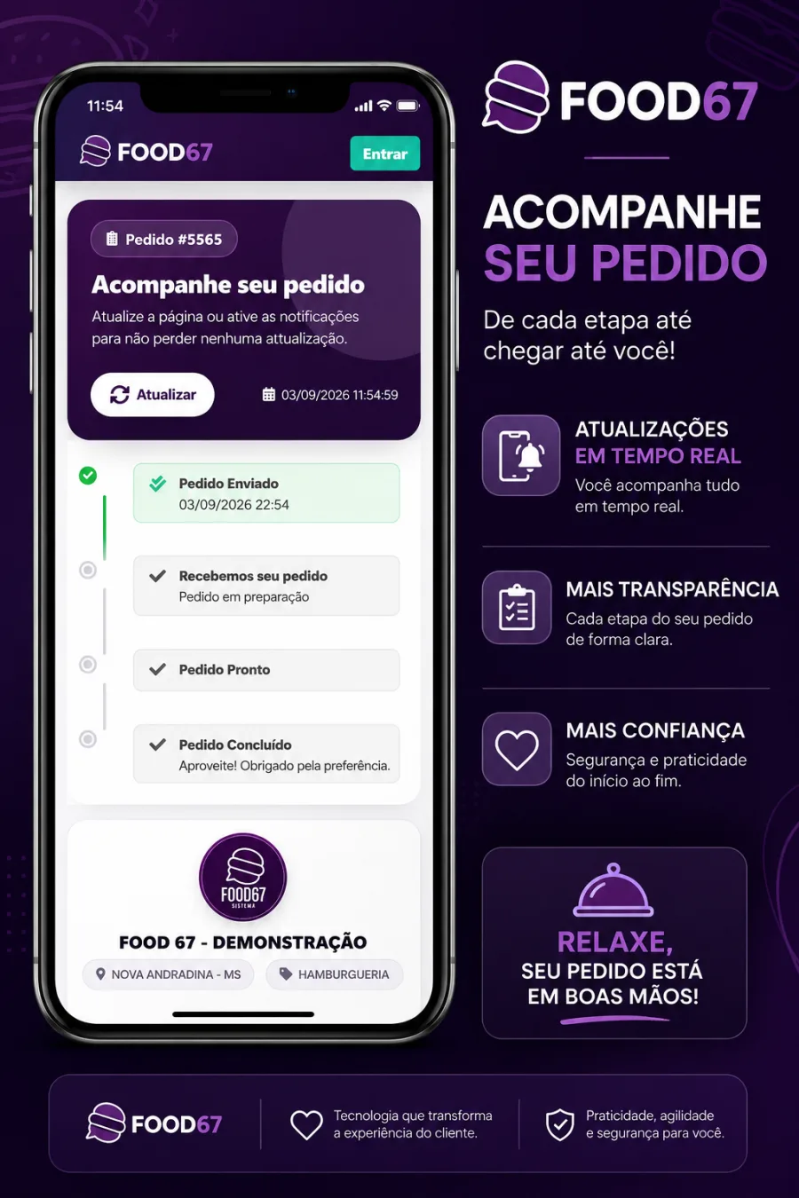 Tela de acompanhamento do pedido em tempo real no FOOD67