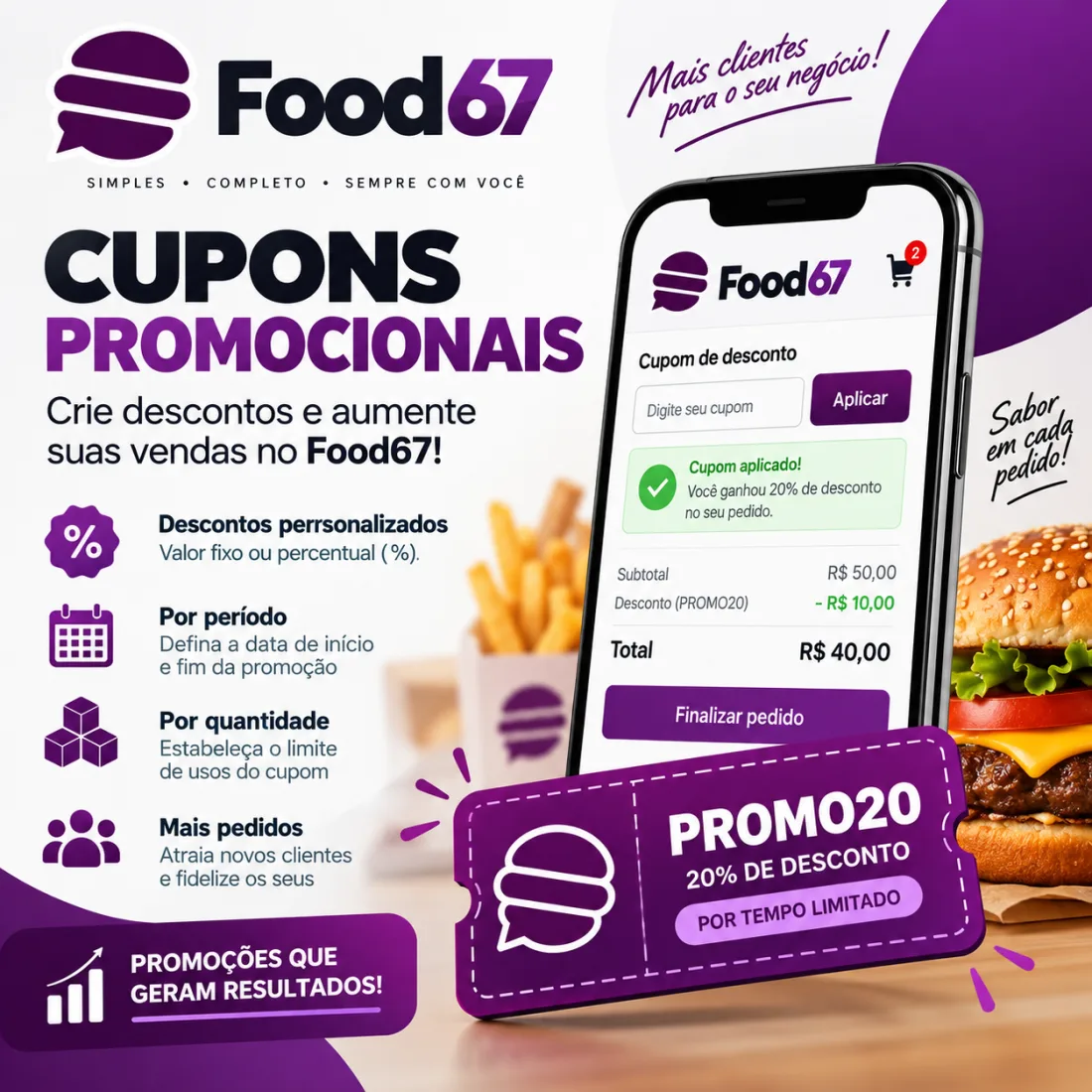 Cupom de desconto promocional no cardápio FOOD67