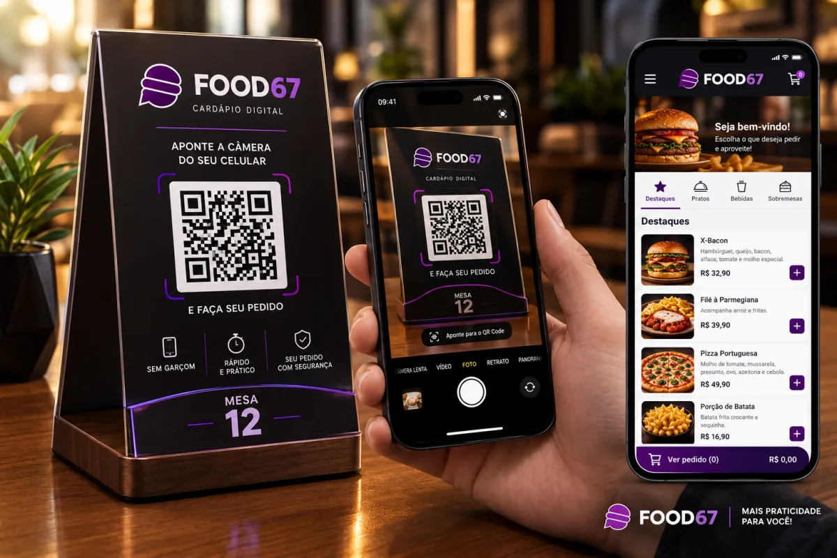 Cliente escaneando o QR-code da mesa no FOOD67 e fazendo o pedido pelo celular